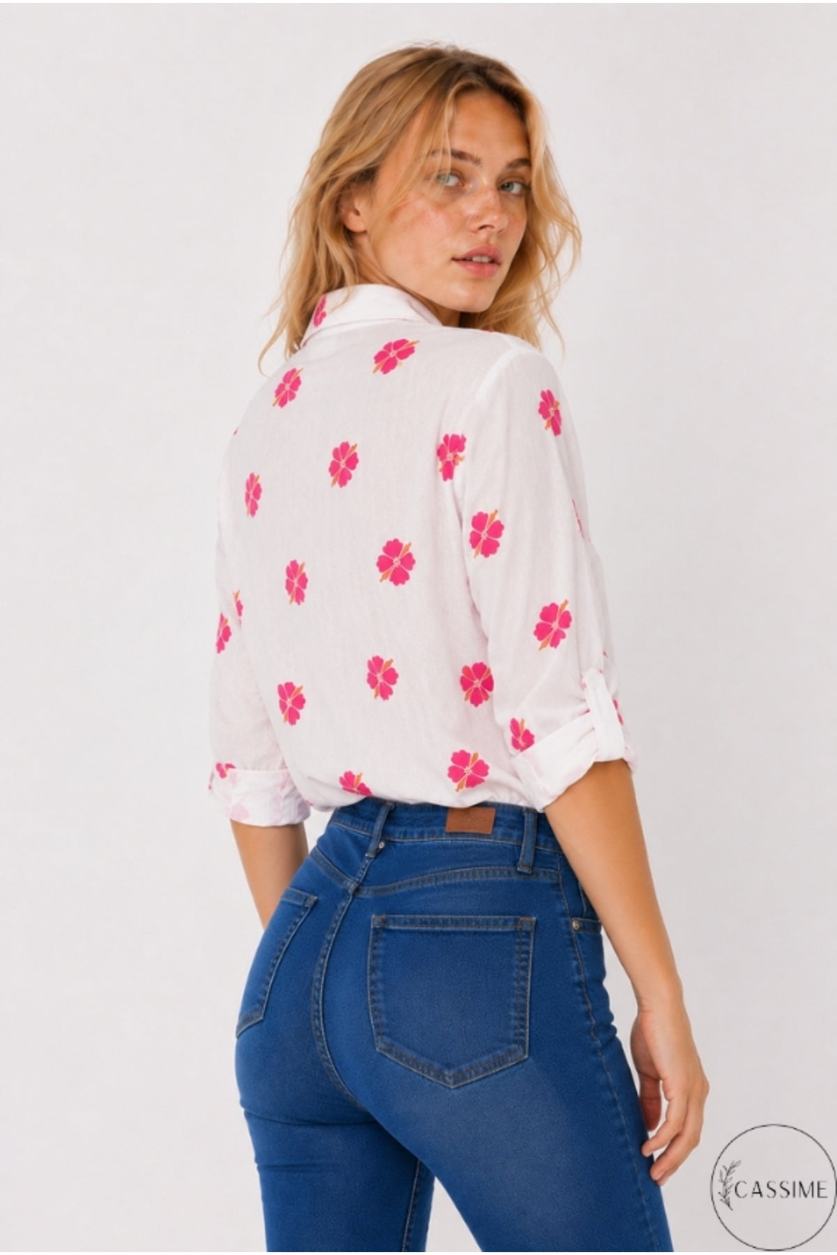 Robyn Women's Linen-Viscose Blend Roll-Sleeve Button-Up Shirt - Pink Clover