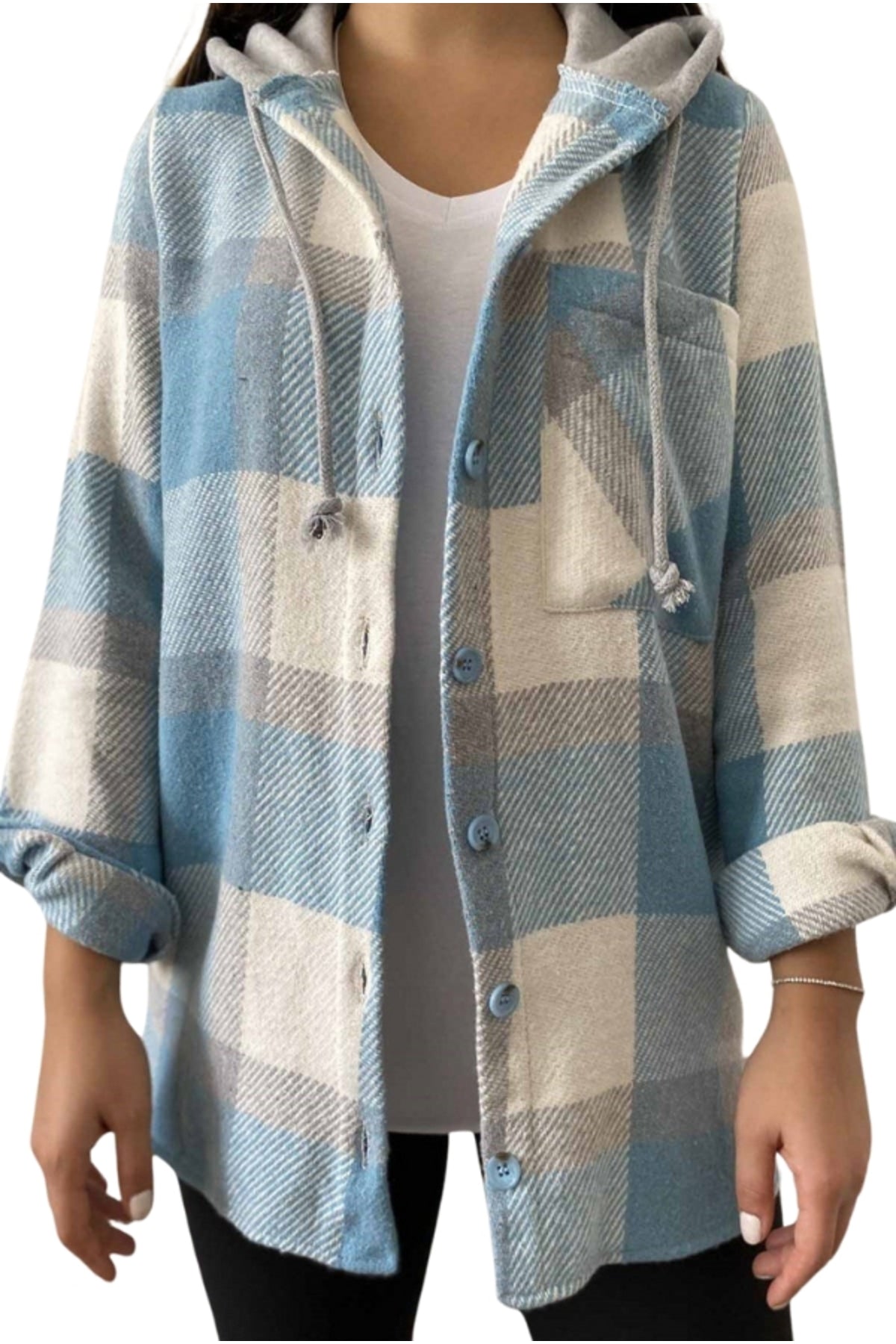 Madeline Women's Hooded Plaid Shacket - Blue