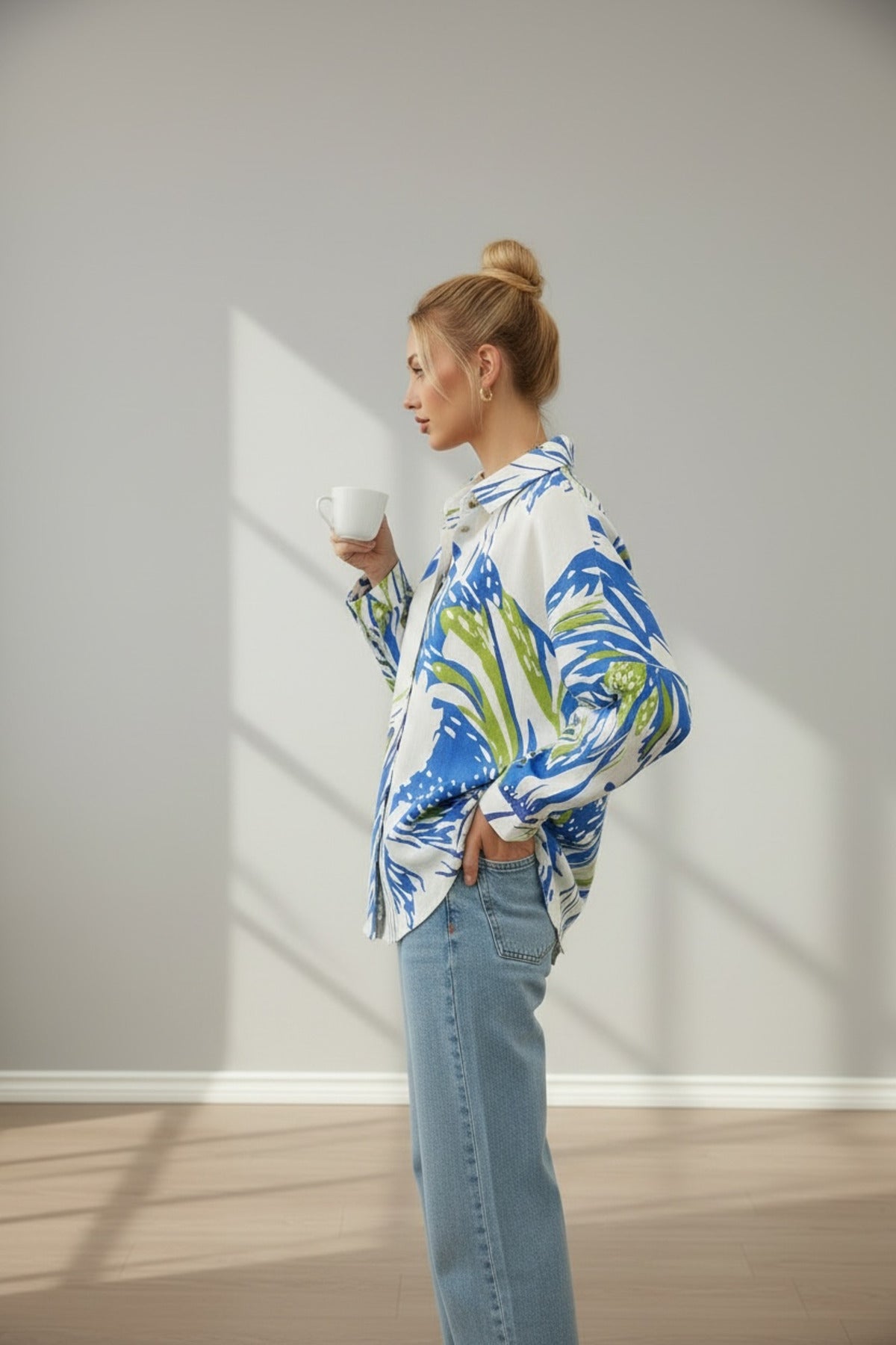 Emilia Women's Linen Blend Oversized Printed Shirt - White and Blue Green