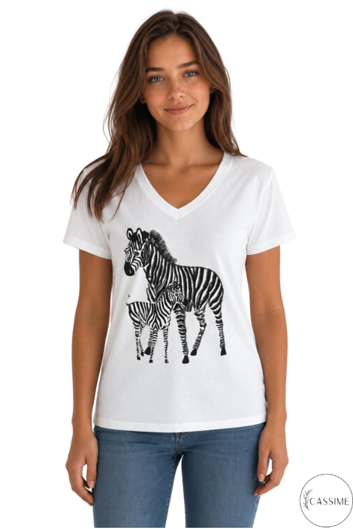Olivia Women's Cotton Plus Size Embellished V-Neck T-Shirt - White Zebra Print
