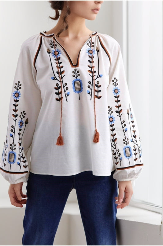 Frances Women's Cotton Embroidered Long Sleeve Blouse - White