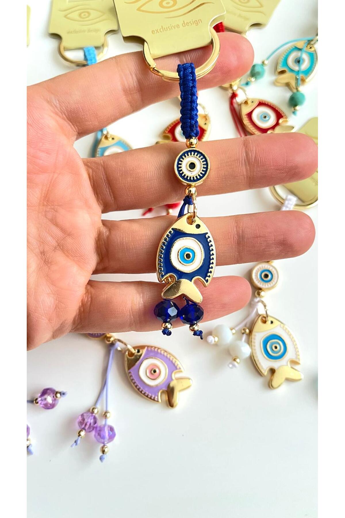 Ivy Gold-Plated Evil Eye Keychain - Navy Fish Design