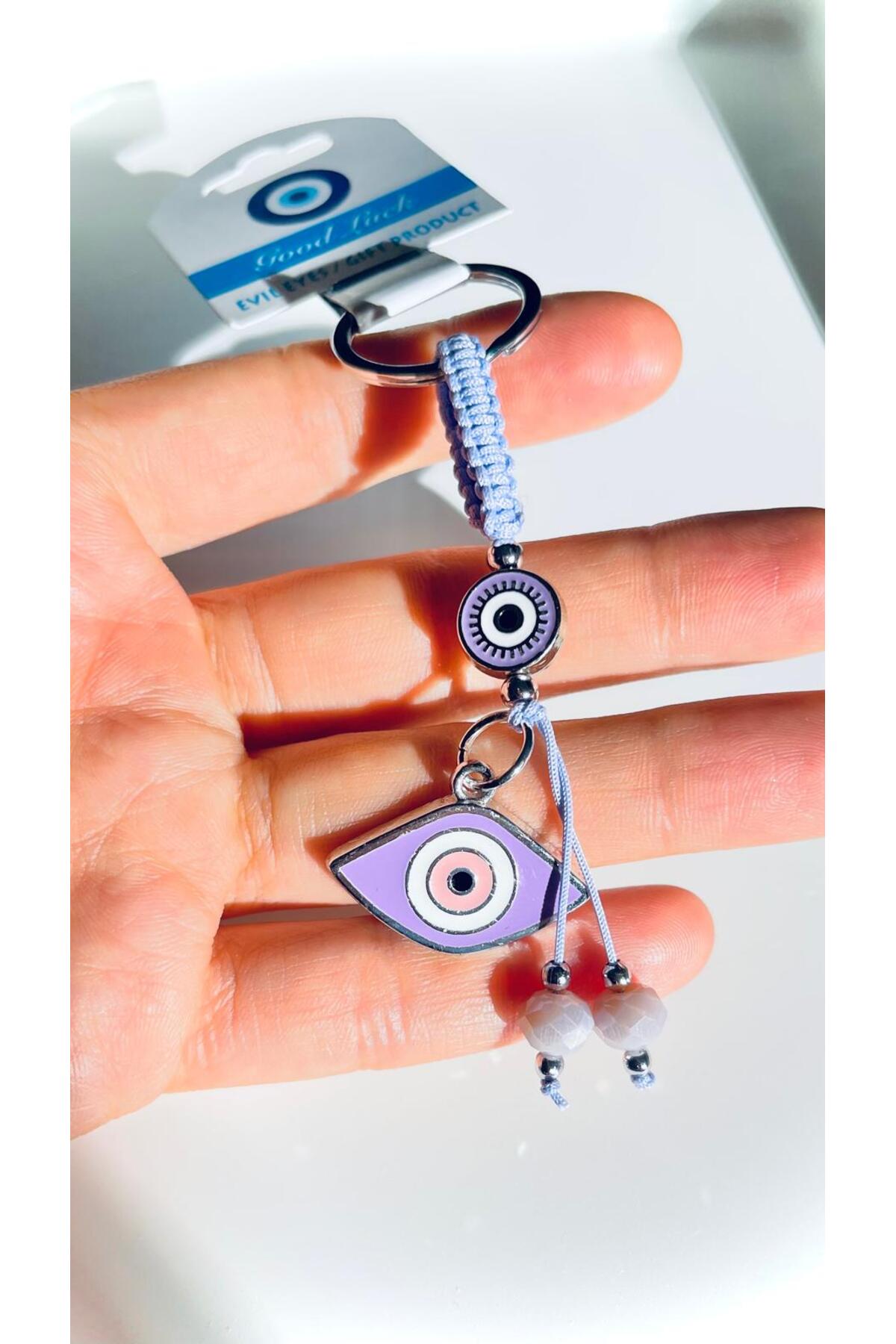 Abigail Silver-Plated Evil Eye Keychain - Lilac Oval Evil Eye Design