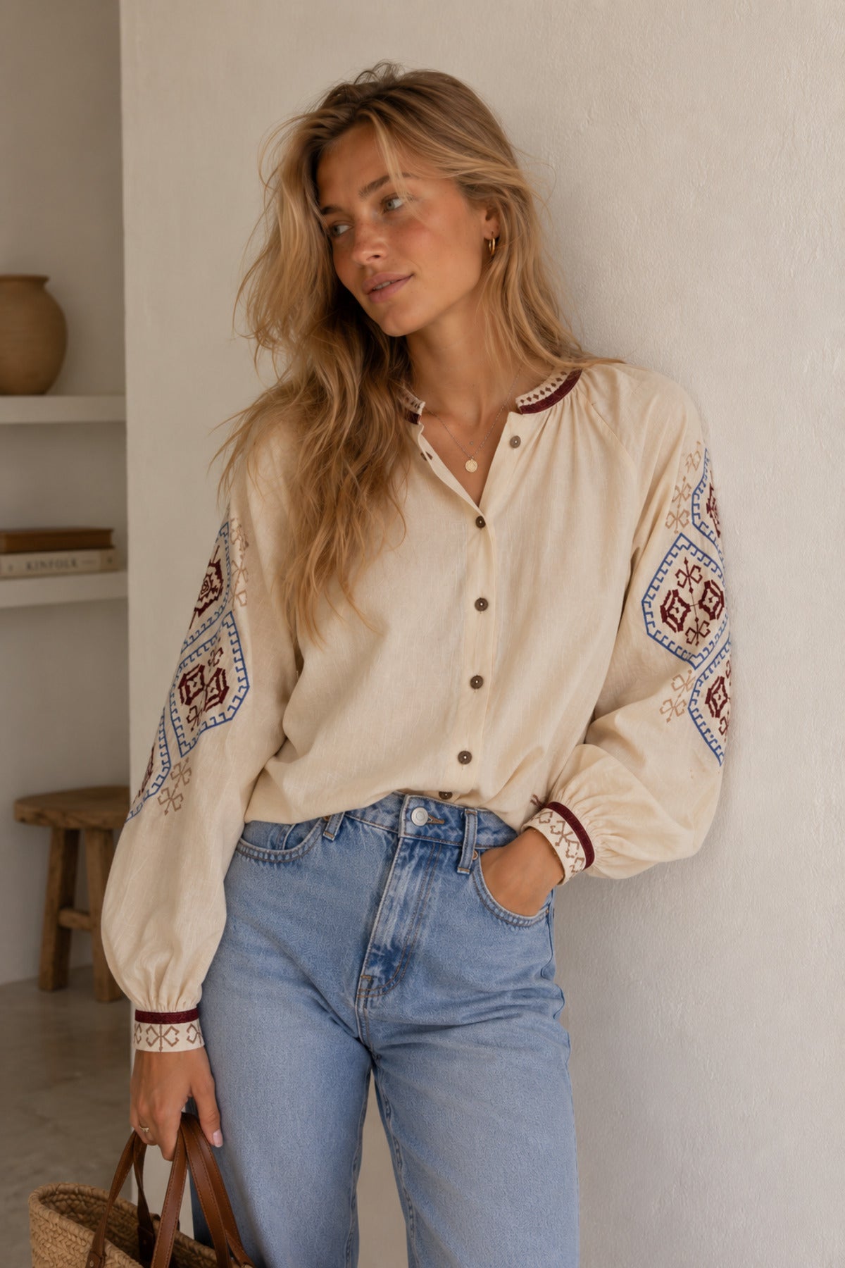 Judith Women's Cotton Vintage Inspired Embroidered Shirt - Beige