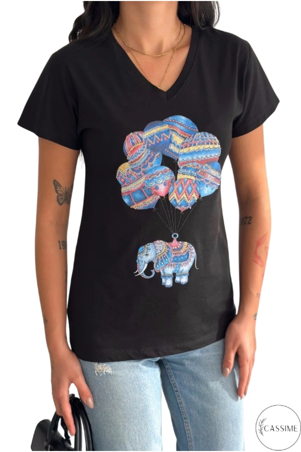 Olivia Women's Cotton Plus Size Embellished V-Neck T-Shirt - Black with Balloon Elephant Sequins
