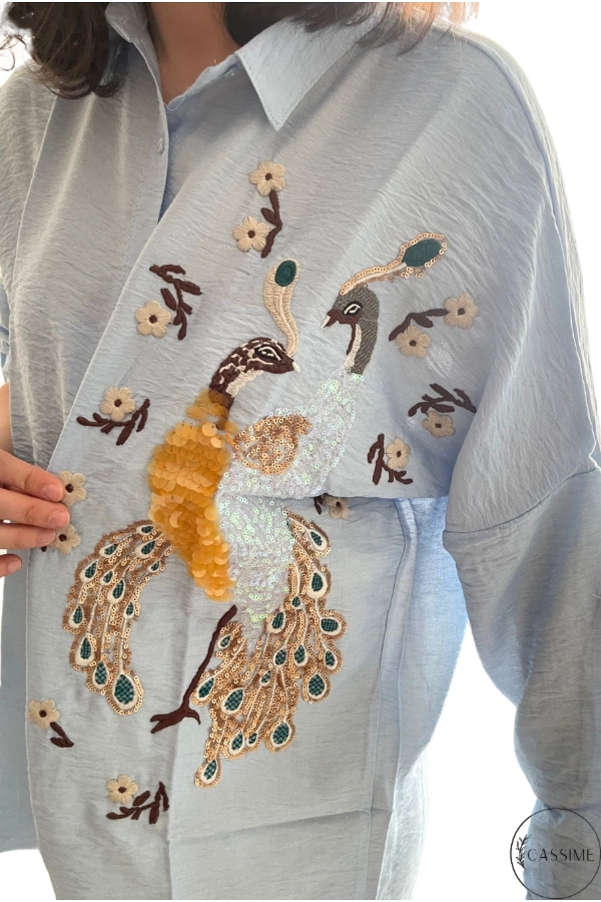 Emily Women's Peacock Sequin Oversized Shirt - Light Blue