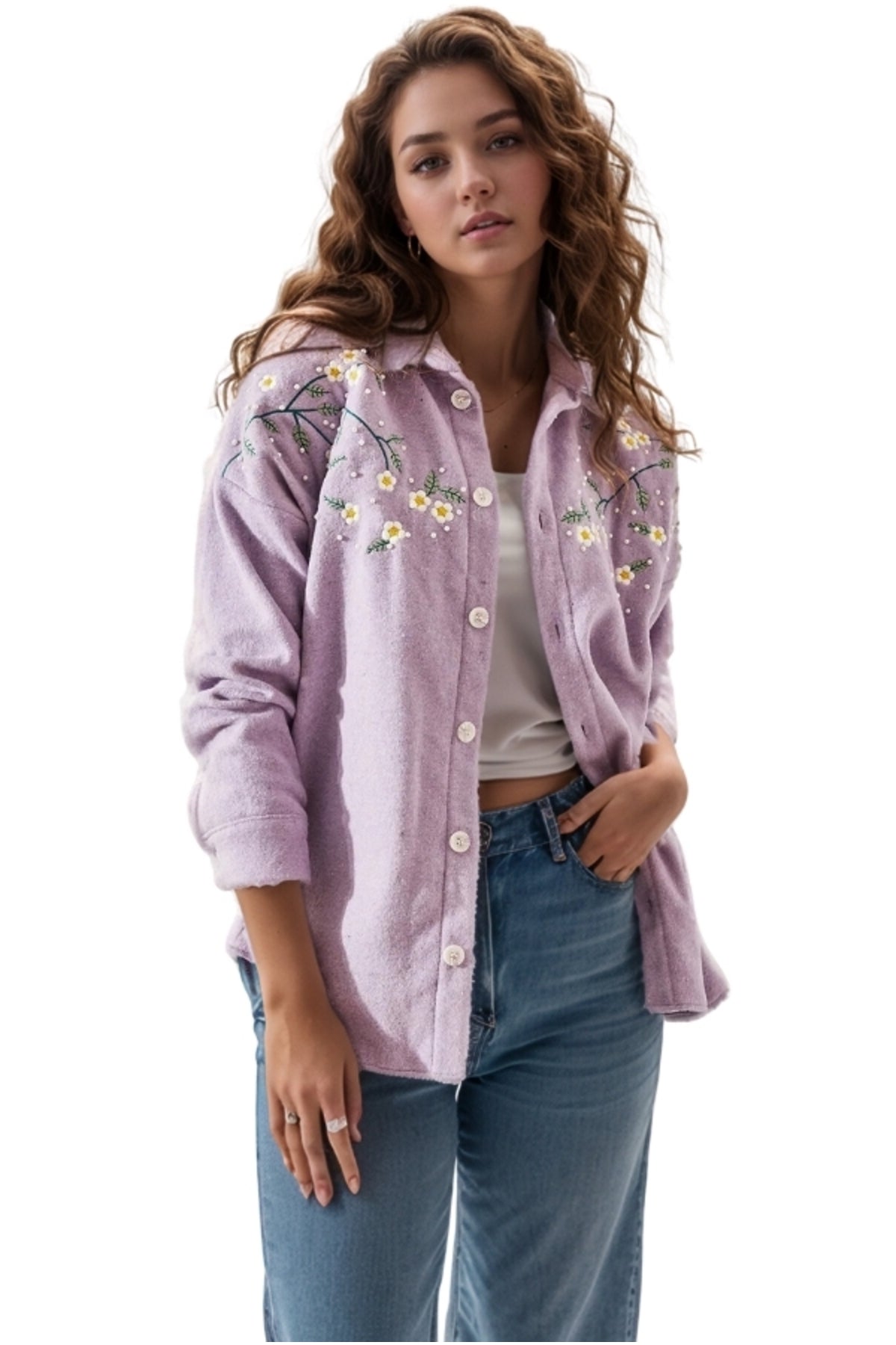 Lydia Women's Daisy Embroidered Shacket - Lilac