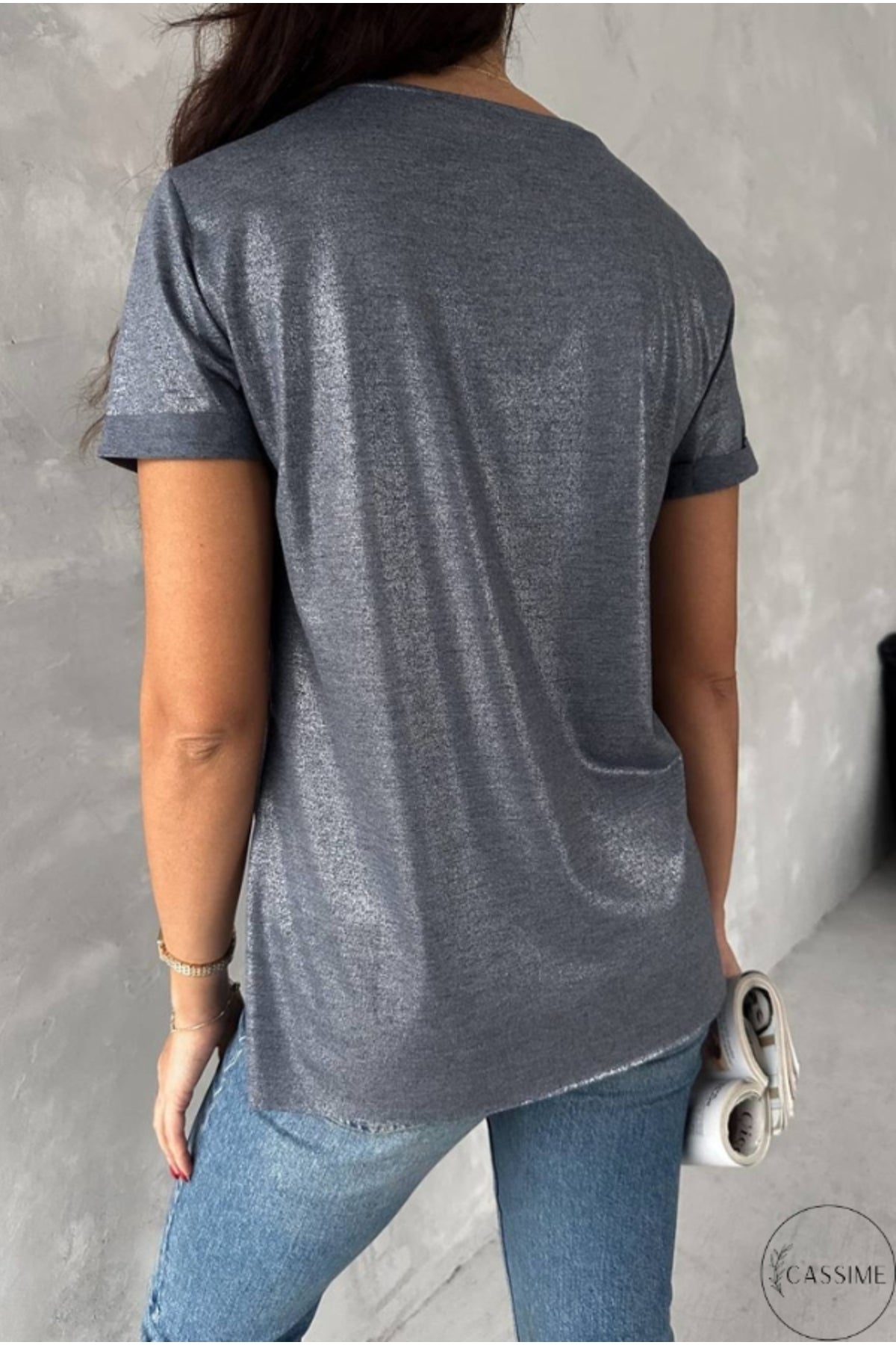 Jessica Women's Metallic V-Neck T-Shirt - Gray Metallic Shimmer