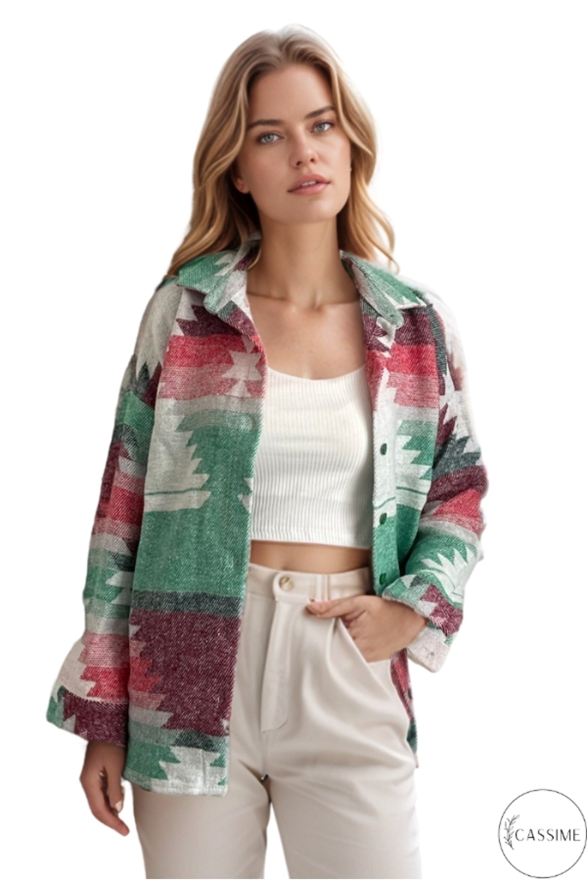 Ellen Women's Boho Print Button-Up Shacket - Green and Red Boho Print