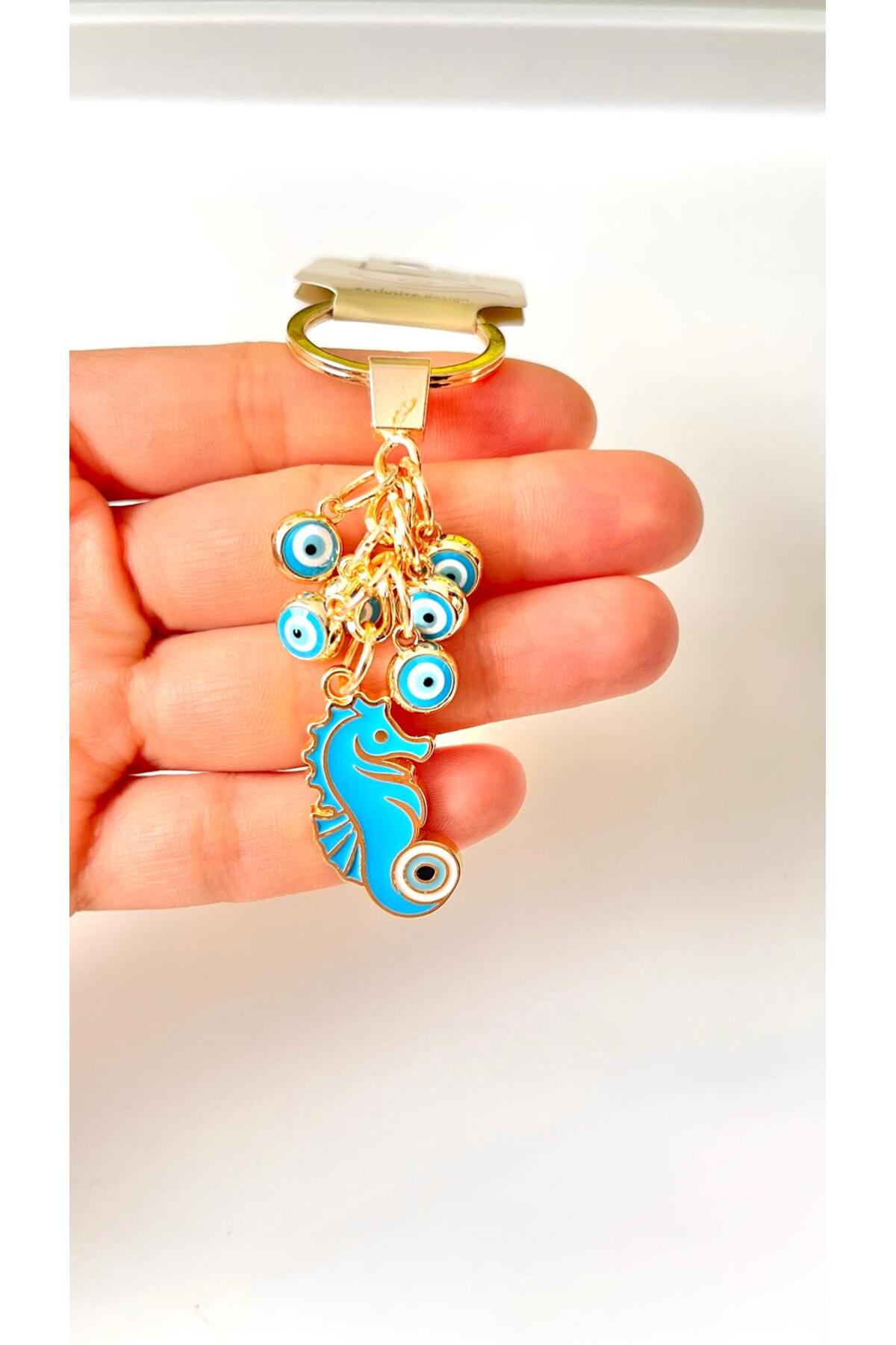Madeleine Dangling Evil Eye Keychain - Blue Seahorse