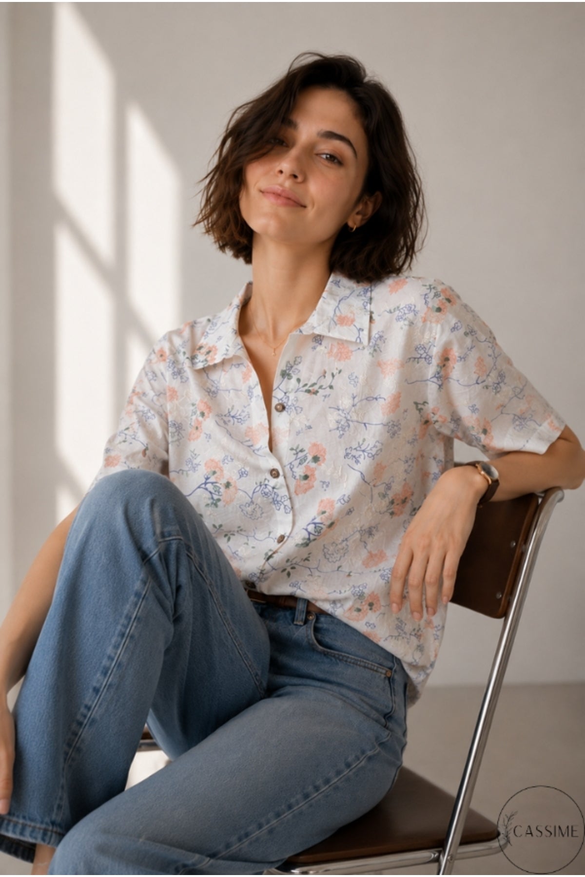 Alice Women's Cotton Floral Short Sleeve Shirt - Peach Floral Embroidery