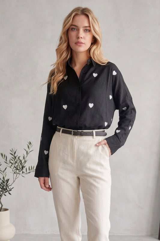 Delilah Women's Cotton Oversized Embellished Long Sleeve Shirt - Black with Heart Embroidery