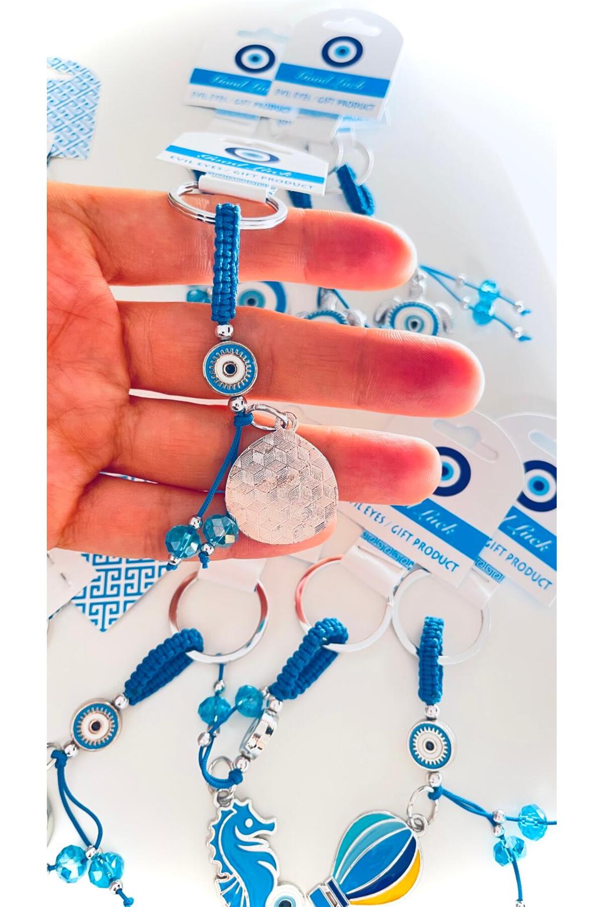 Abigail Silver-Plated Evil Eye Keychain - Blue Teardrop Evil Eye Design