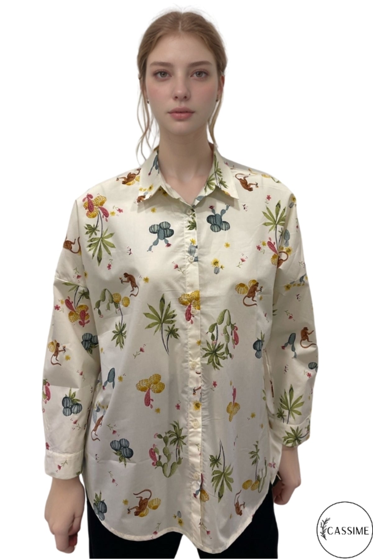 Jane Women's Viscose Monkey and Floral Print Shirt - Cream Monkey Print