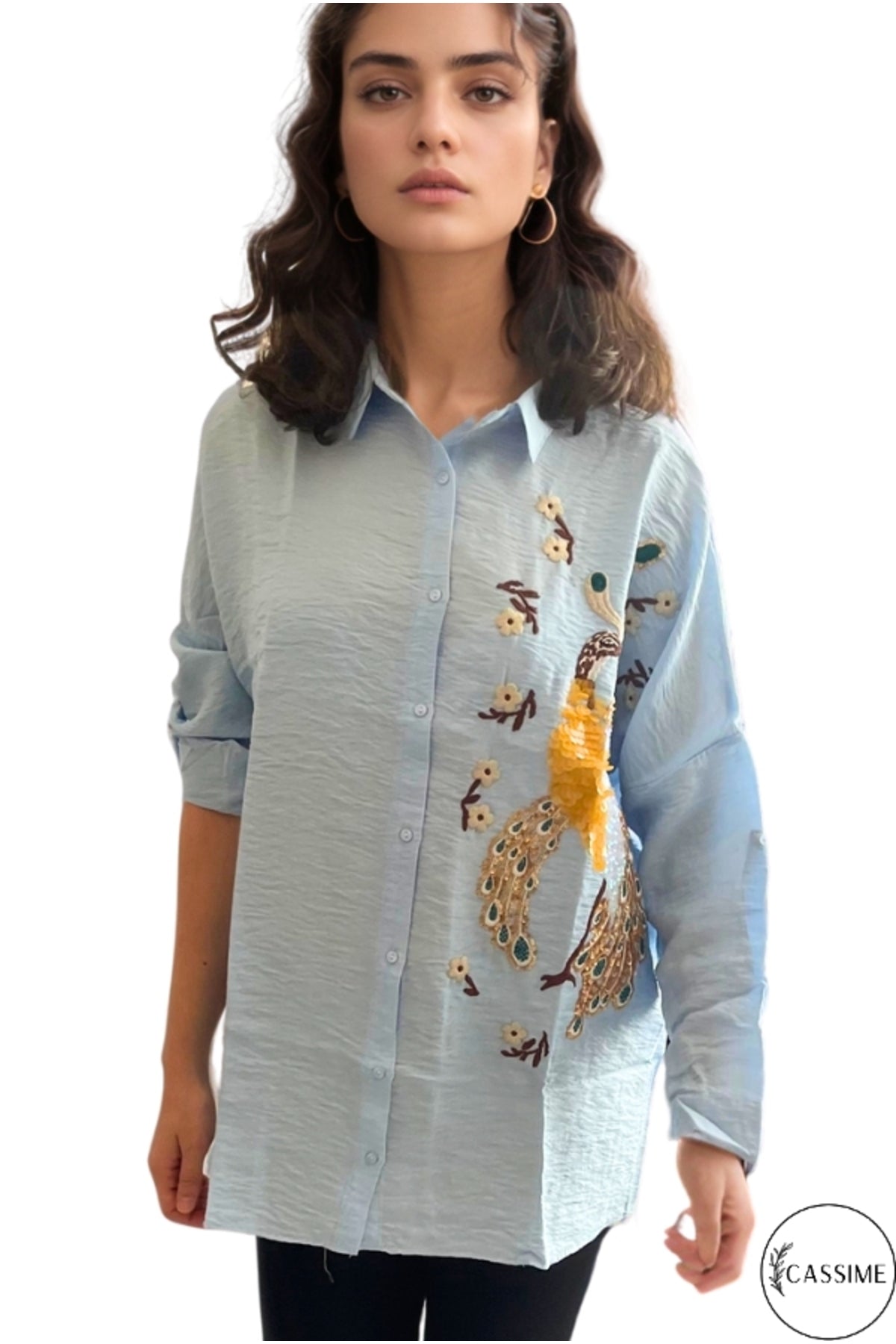 Emily Women's Peacock Sequin Oversized Shirt - Light Blue