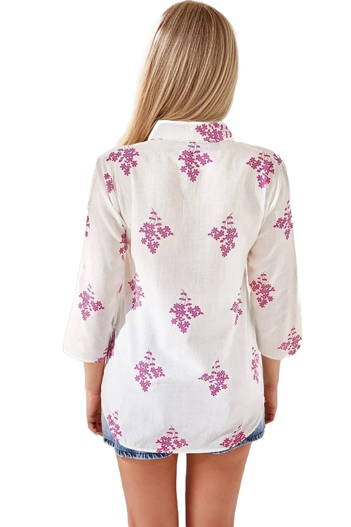 Robyn Women's Cotton Blend Roll-Sleeve Button-Up Shirt - White with Pink Floral Print