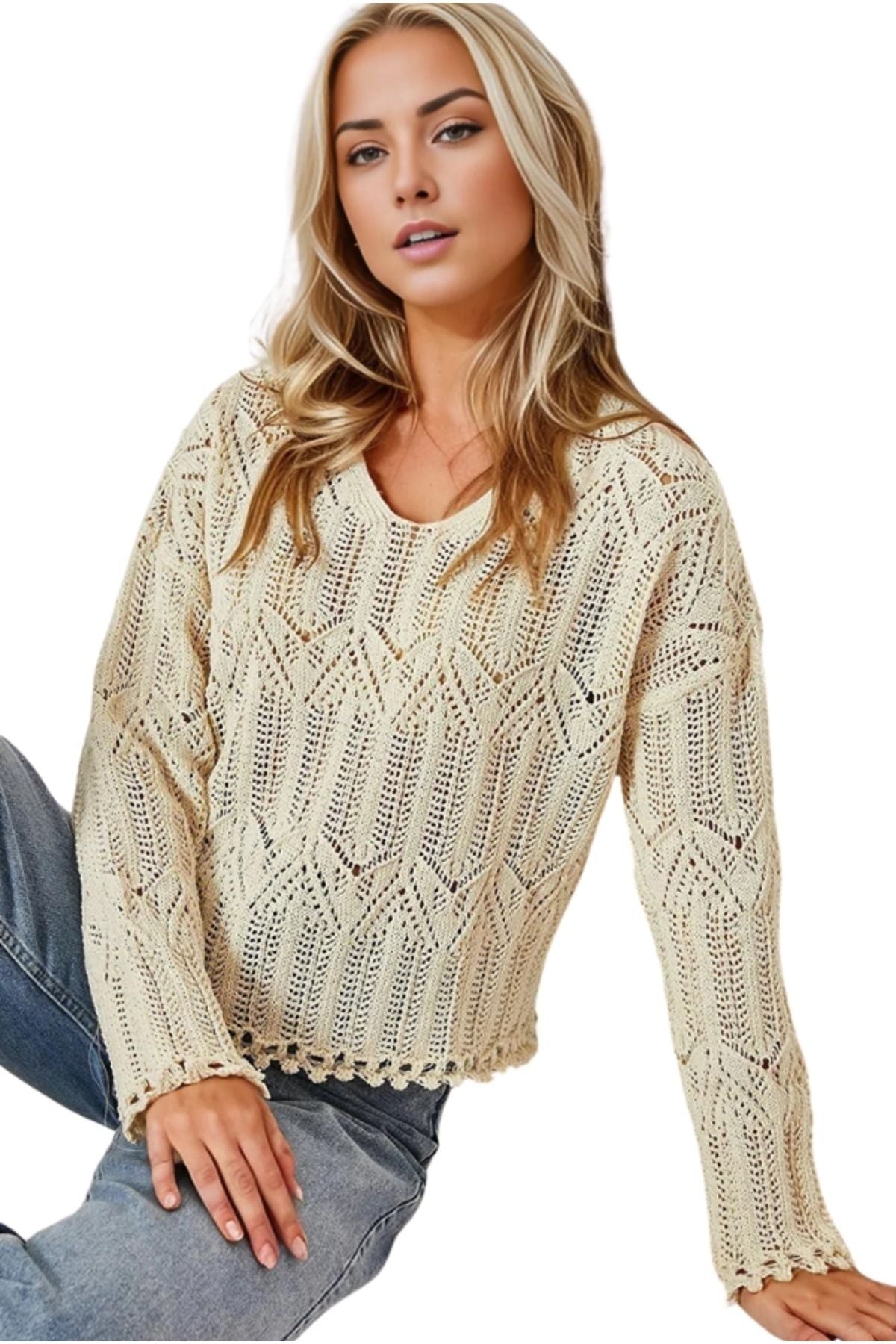 Christina Women's Openwork Knit Sweater - Beige