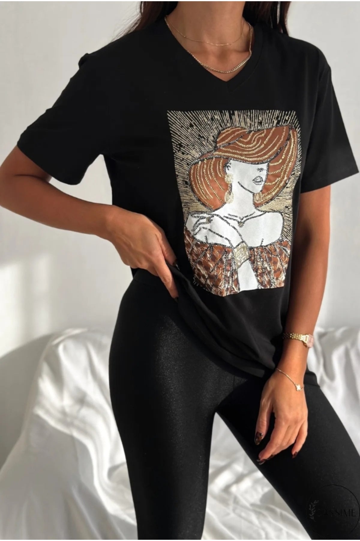 Olivia Women's Cotton Plus Size Embellished V-Neck T-Shirt - Black with Woman in Hat Sequins