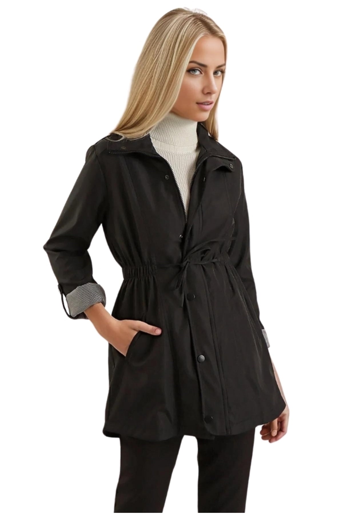 Serena Women's Drawstring Waist Trench Coat - Black