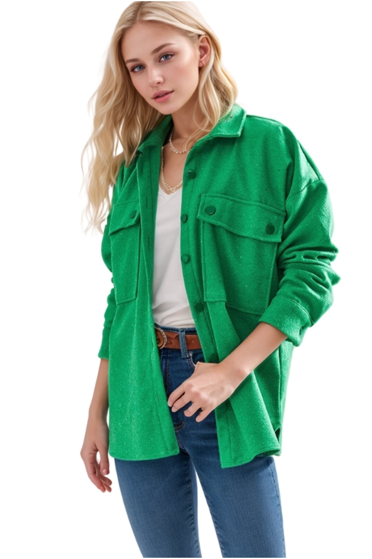 Mabel Women's Felted Fabric Shacket - Grass Green