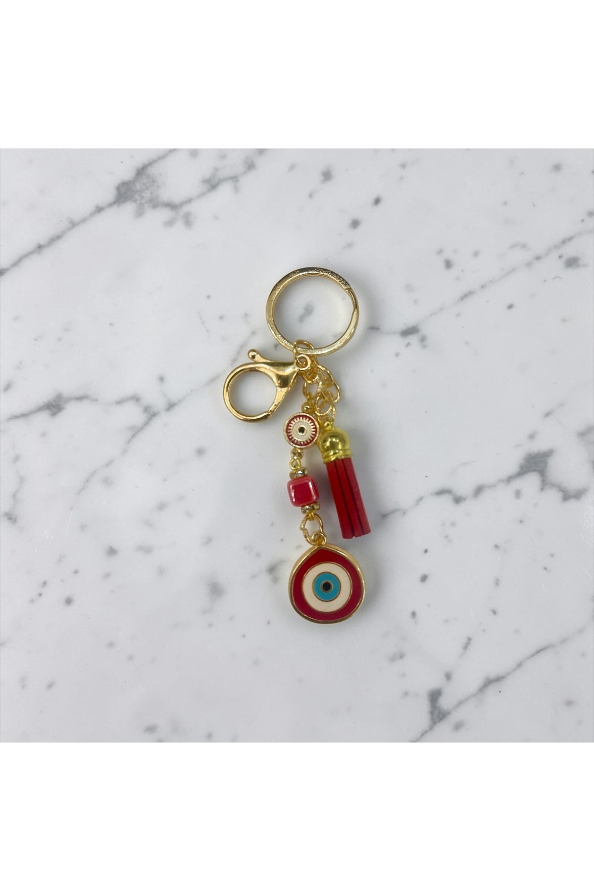 Shannon Gold-Plated Evil Eye Tassel Keychain - Red Teardrop Tassel