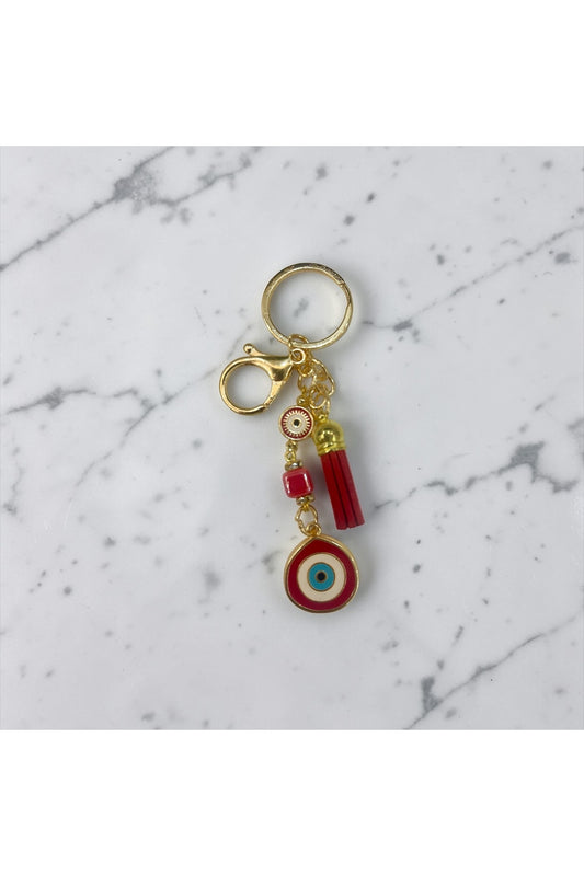 Shannon Gold-Plated Evil Eye Tassel Keychain - Red Teardrop Tassel