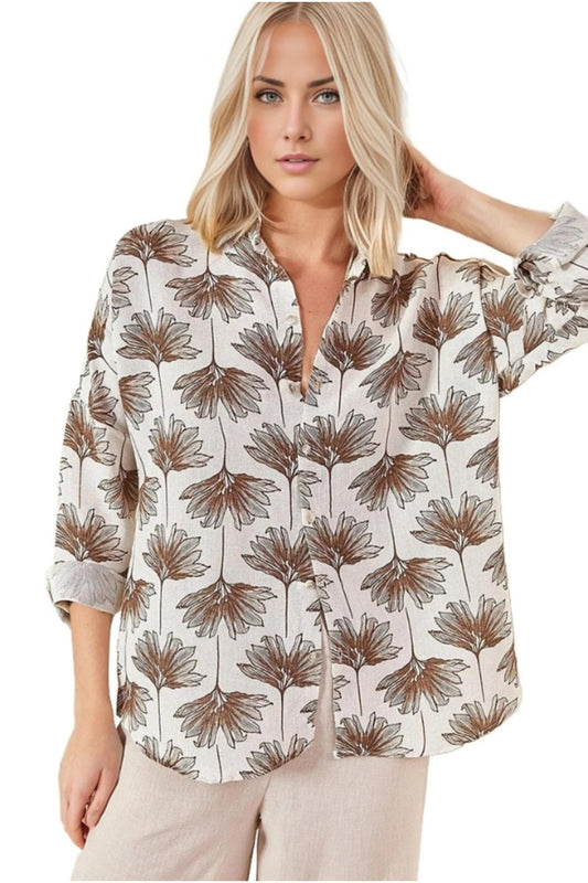 Emilia Women's Linen-Viscose Blend Oversized Printed Shirt - Brown Ginkgo