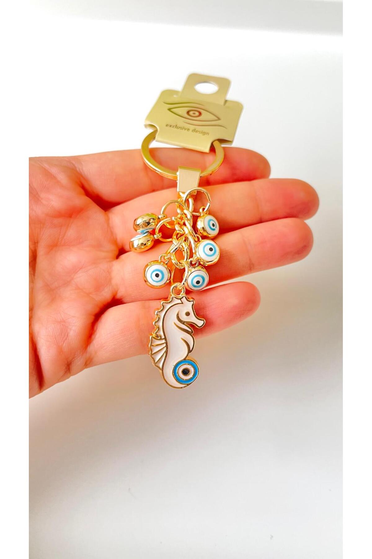 Madeleine Dangling Evil Eye Keychain - White Seahorse
