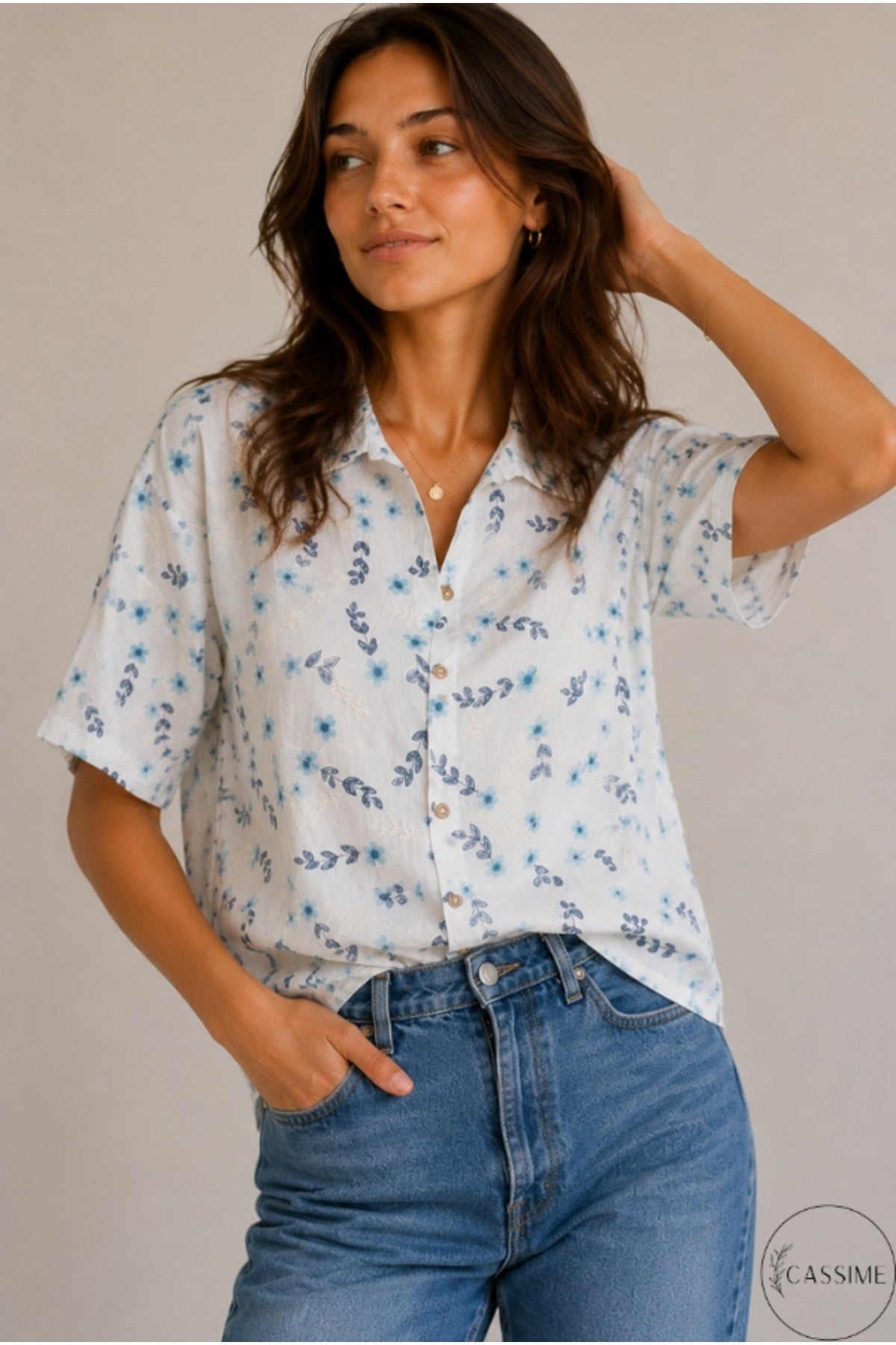 Women's oversized blue floral embroidered button-up shirt - view 2