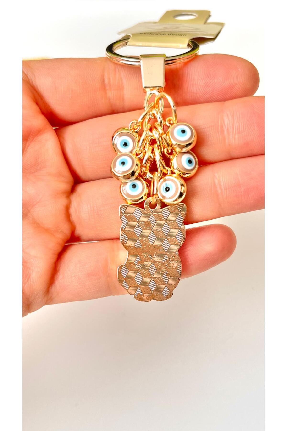 Madeleine Dangling Evil Eye Keychain - Beige Cat Design