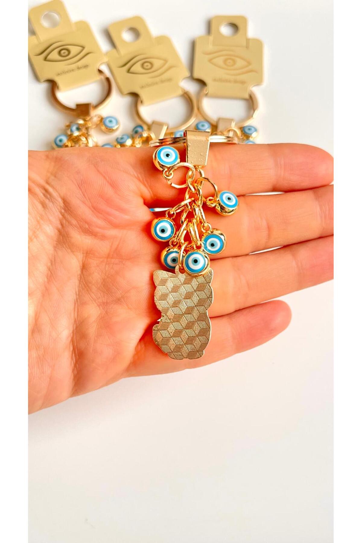 Madeleine Dangling Evil Eye Keychain - Blue Cat Design
