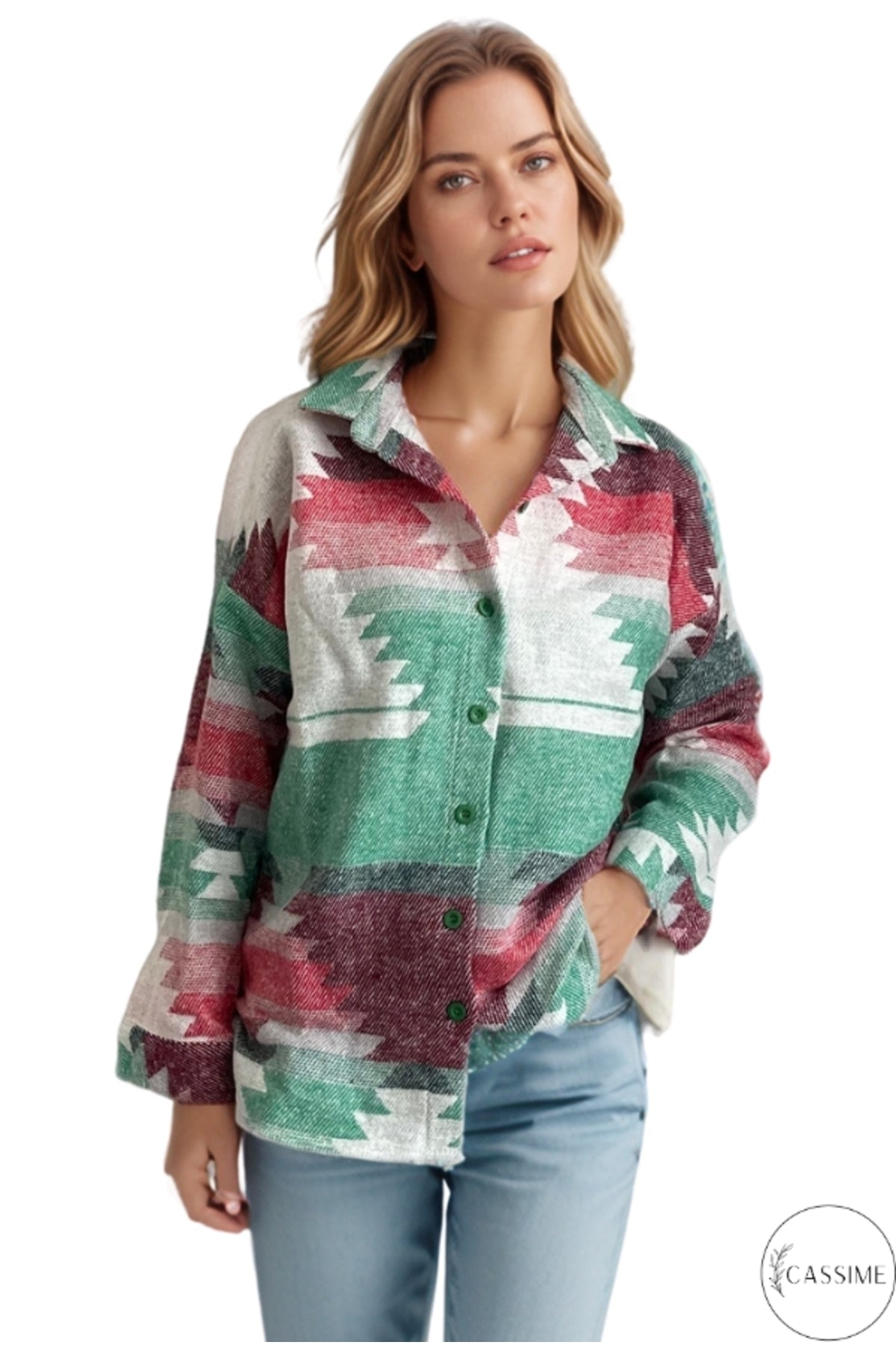 Ellen Women's Boho Print Button-Up Shacket - Green and Red Boho Print