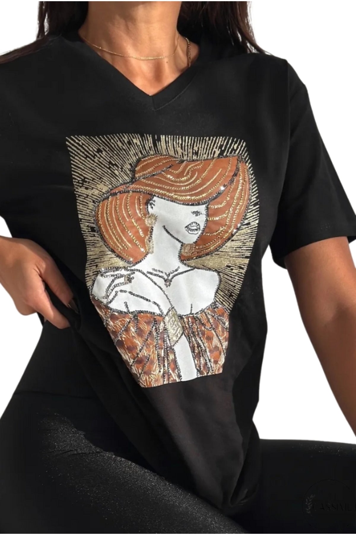 Olivia Women's Cotton Plus Size Embellished V-Neck T-Shirt - Black with Woman in Hat Sequins