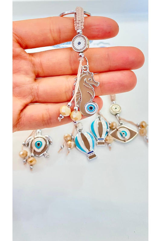 Abigail Silver-Plated Evil Eye Keychain - Beige Seahorse