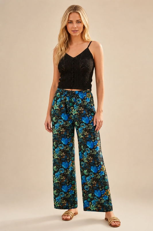 Lucy Women's Linen Blend Wide Leg Palazzo Pants - Black with Blue Floral Print