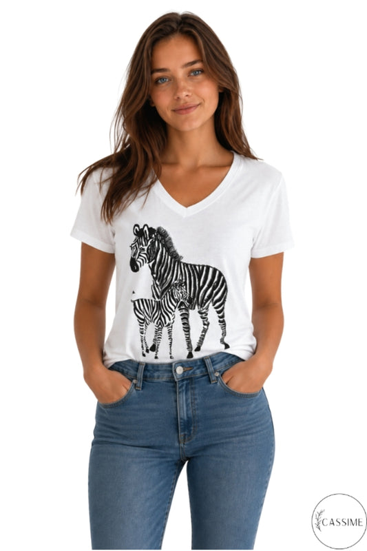Olivia Women's Cotton Plus Size Embellished V-Neck T-Shirt - White Zebra Print