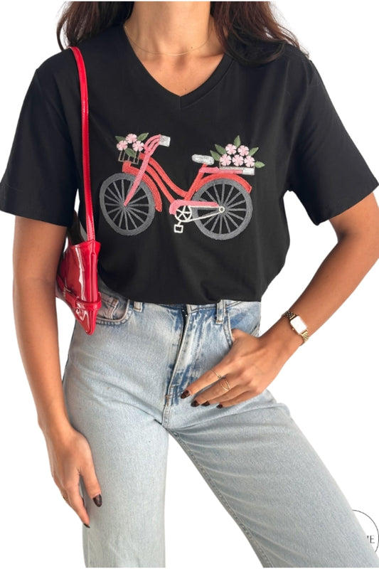 Nora Women's Cotton Plus Size Graphic T-Shirt - Black Bicycle Print