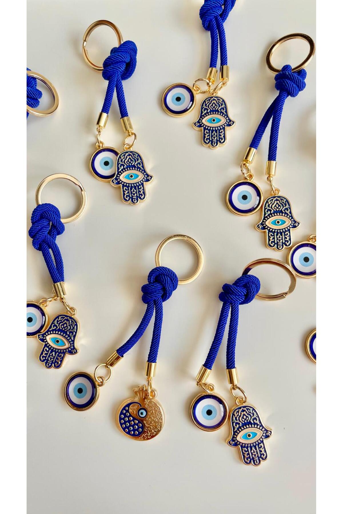 Rose Evil Eye Cord Keychain - Navy and Gold Hamsa Design