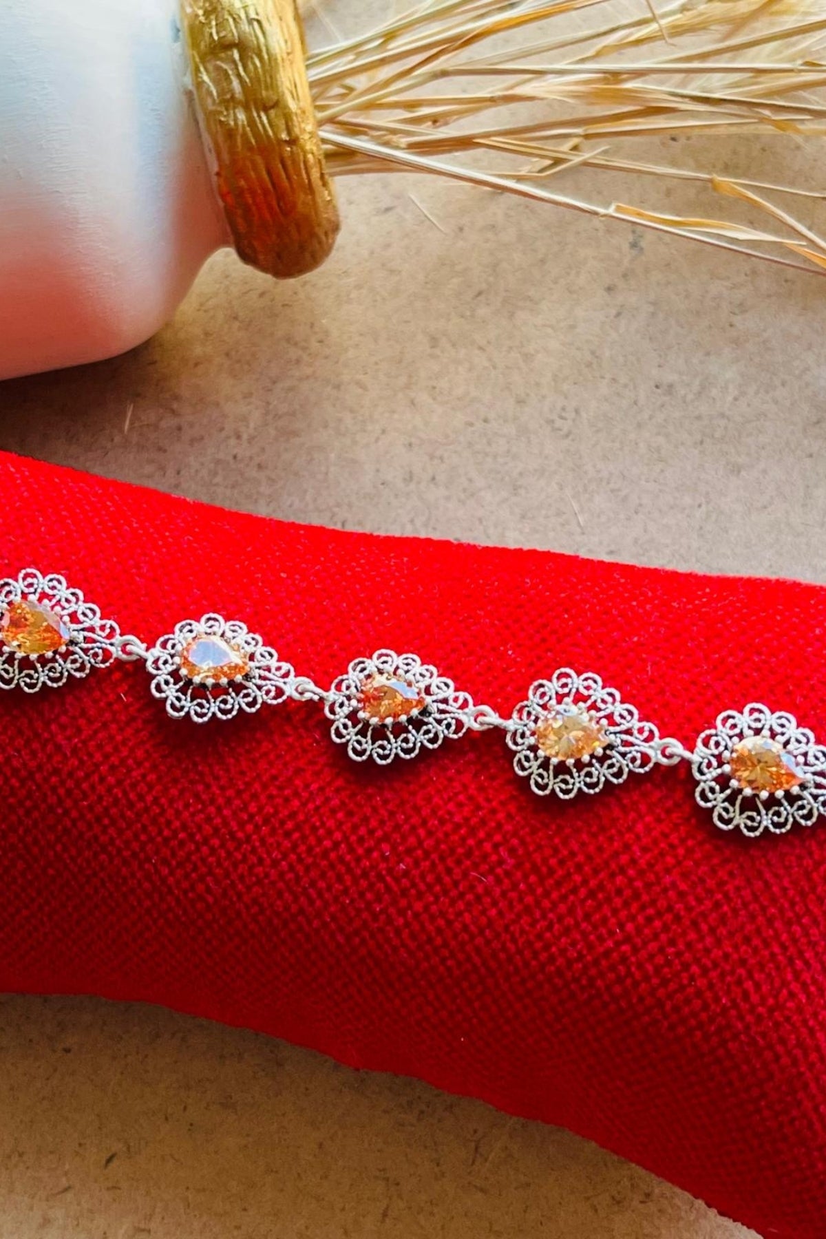 Brooke Seven-Stone Filigree Silver Bracelet - Yellow Rhinestone