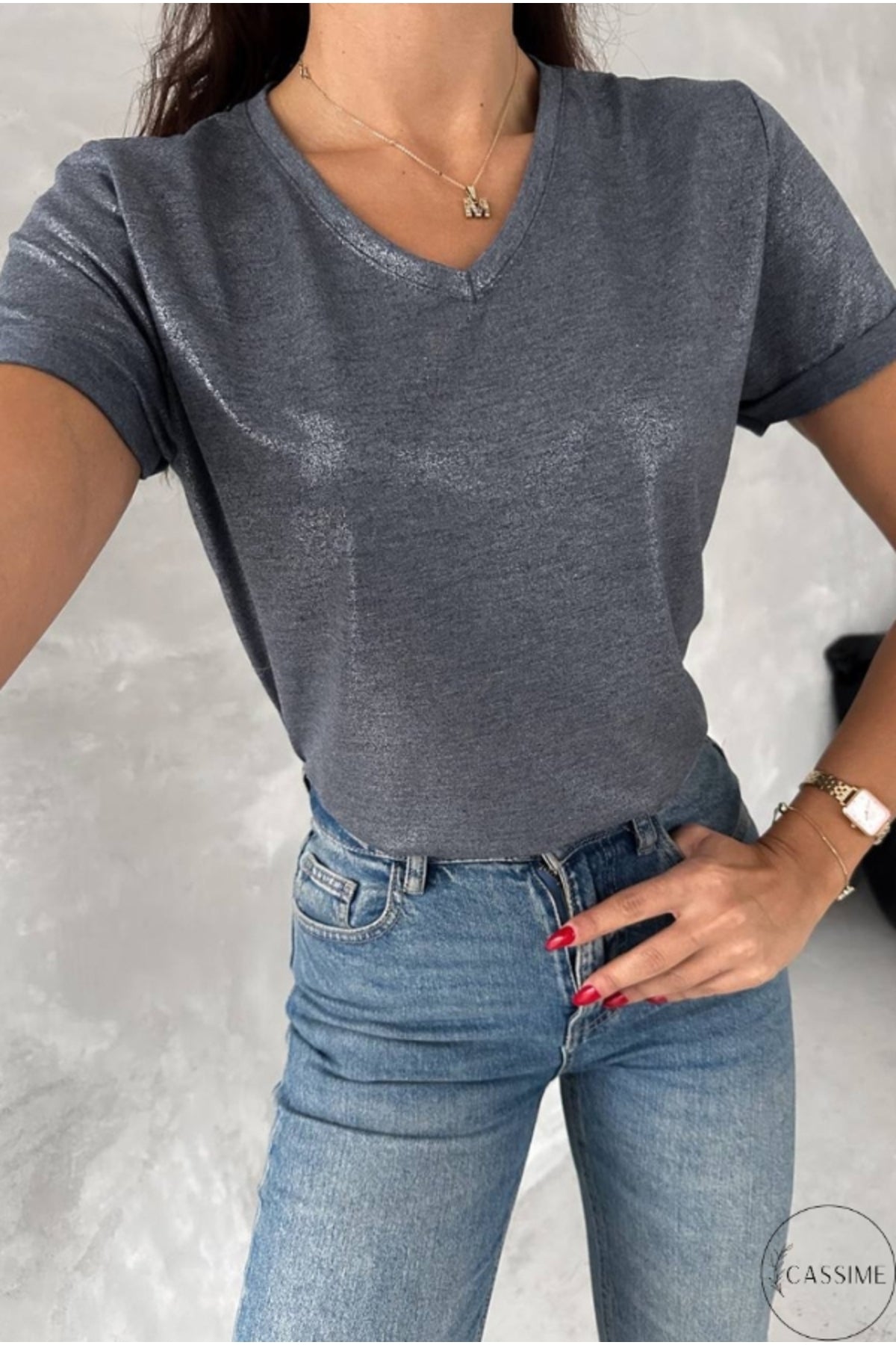 Jessica Women's Metallic V-Neck T-Shirt - Gray Metallic Shimmer