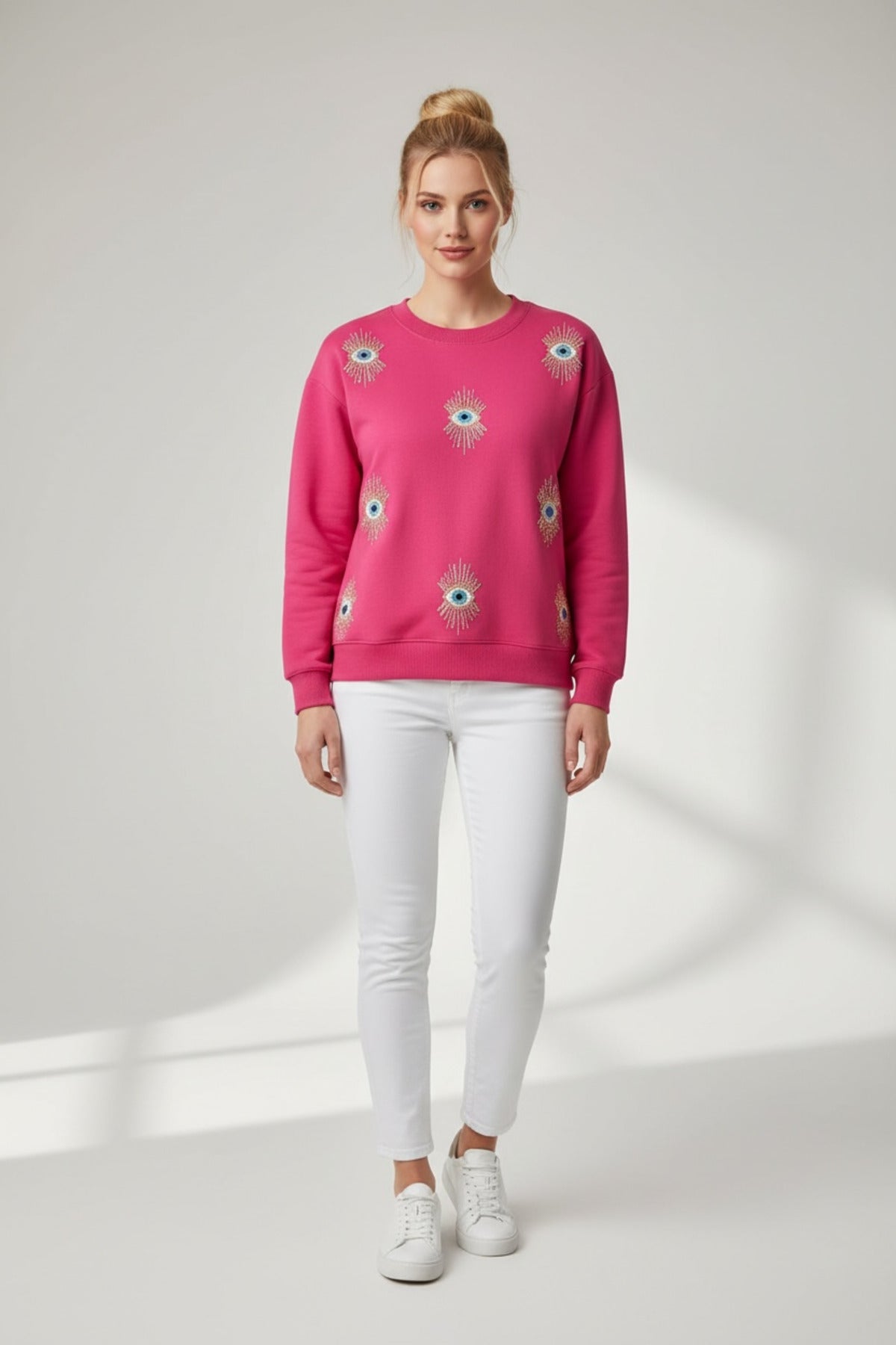 Ava Women's Cotton Embellished Evil Eye Sweatshirt - Fuchsia and Pink