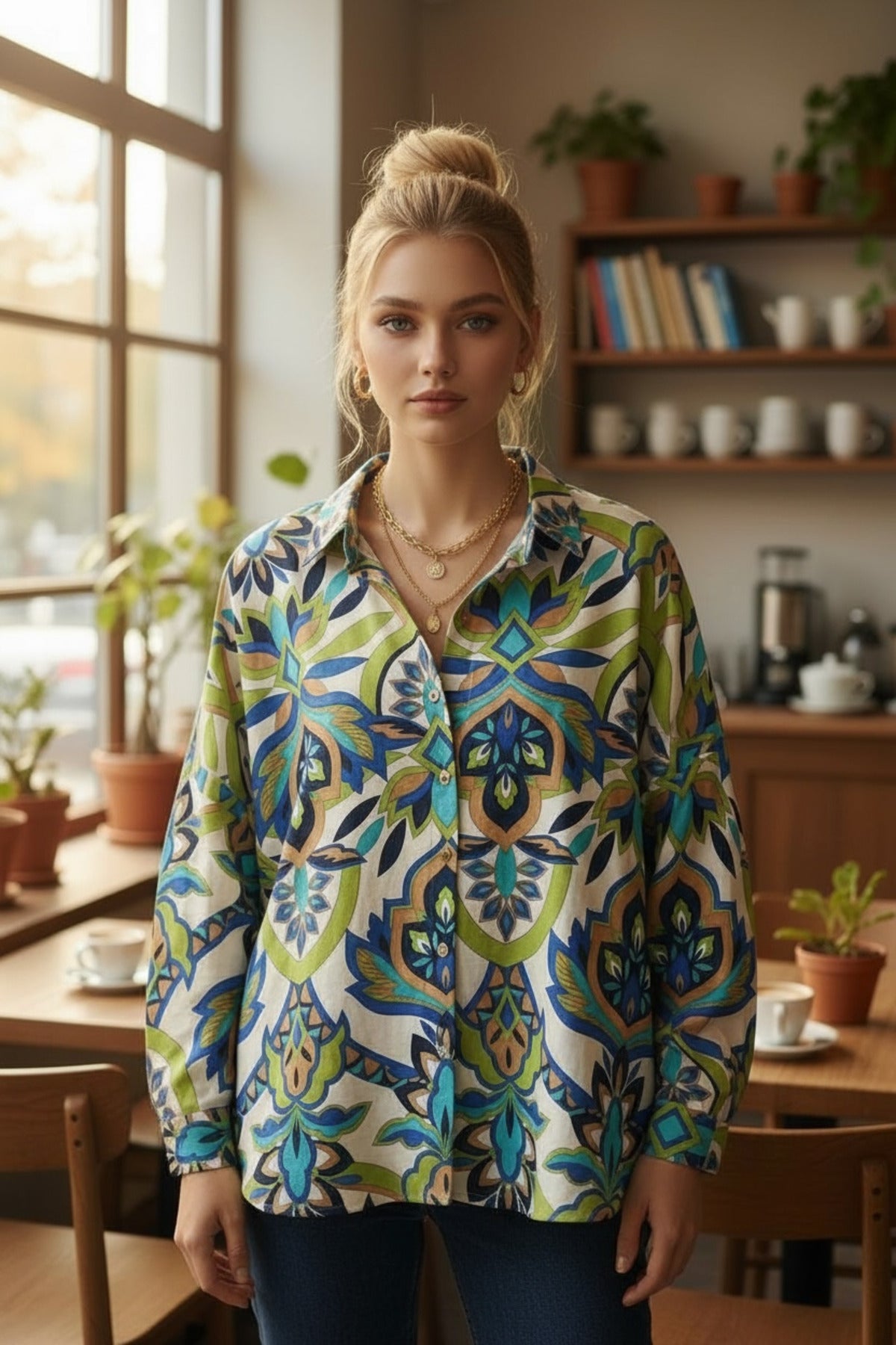 Emilia Women's Linen-Viscose Blend Oversized Printed Shirt - Blue and Cream Green