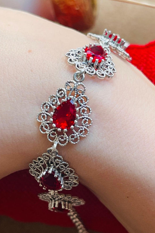 Brooke Seven-Stone Filigree Silver Bracelet - Red Ruby
