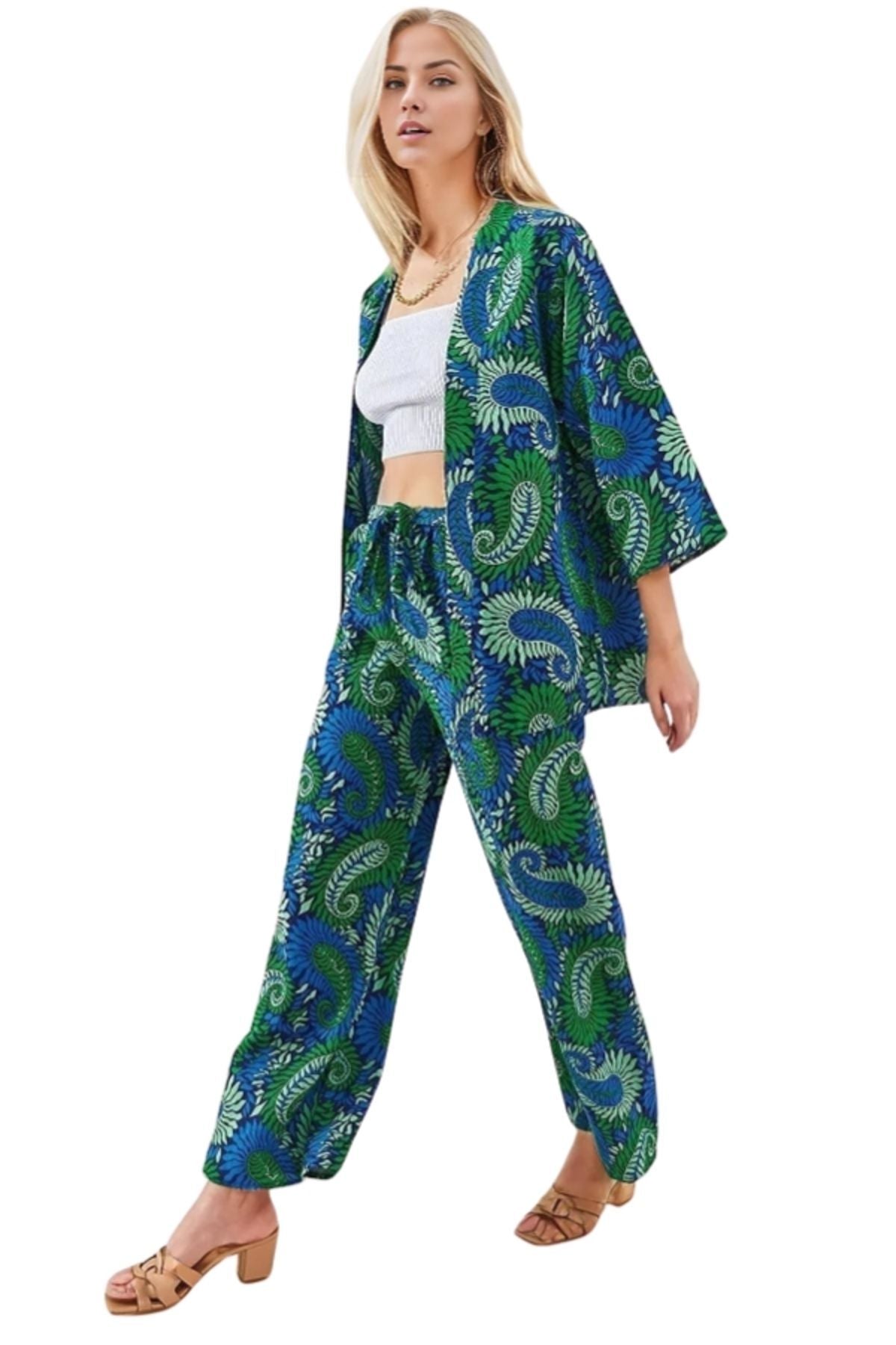 Catherine Women's Relaxed Fit Kimono - Green Paisley Print