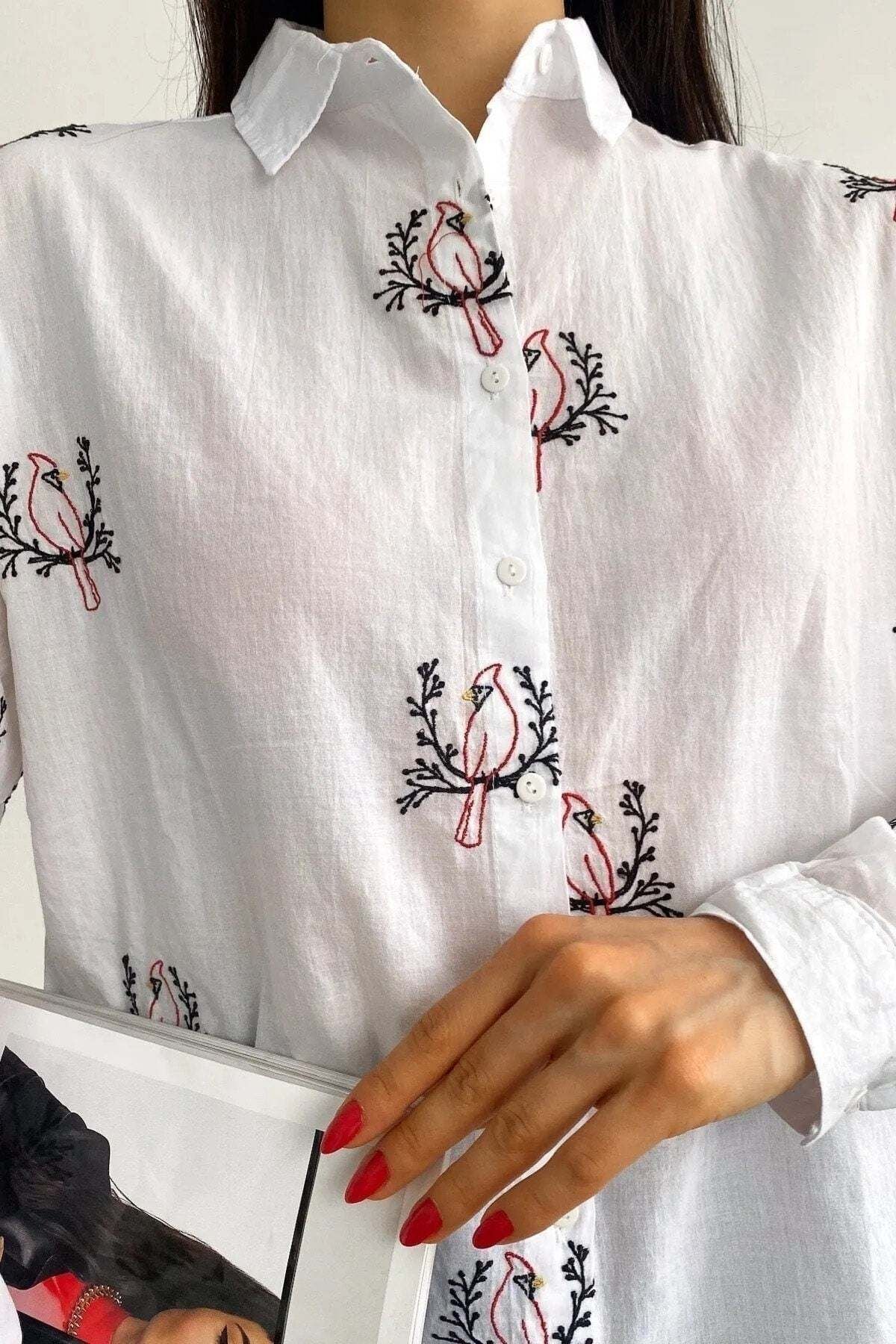 Camille Women's Cotton Bird Embroidered Shirt - Bird Embroidery