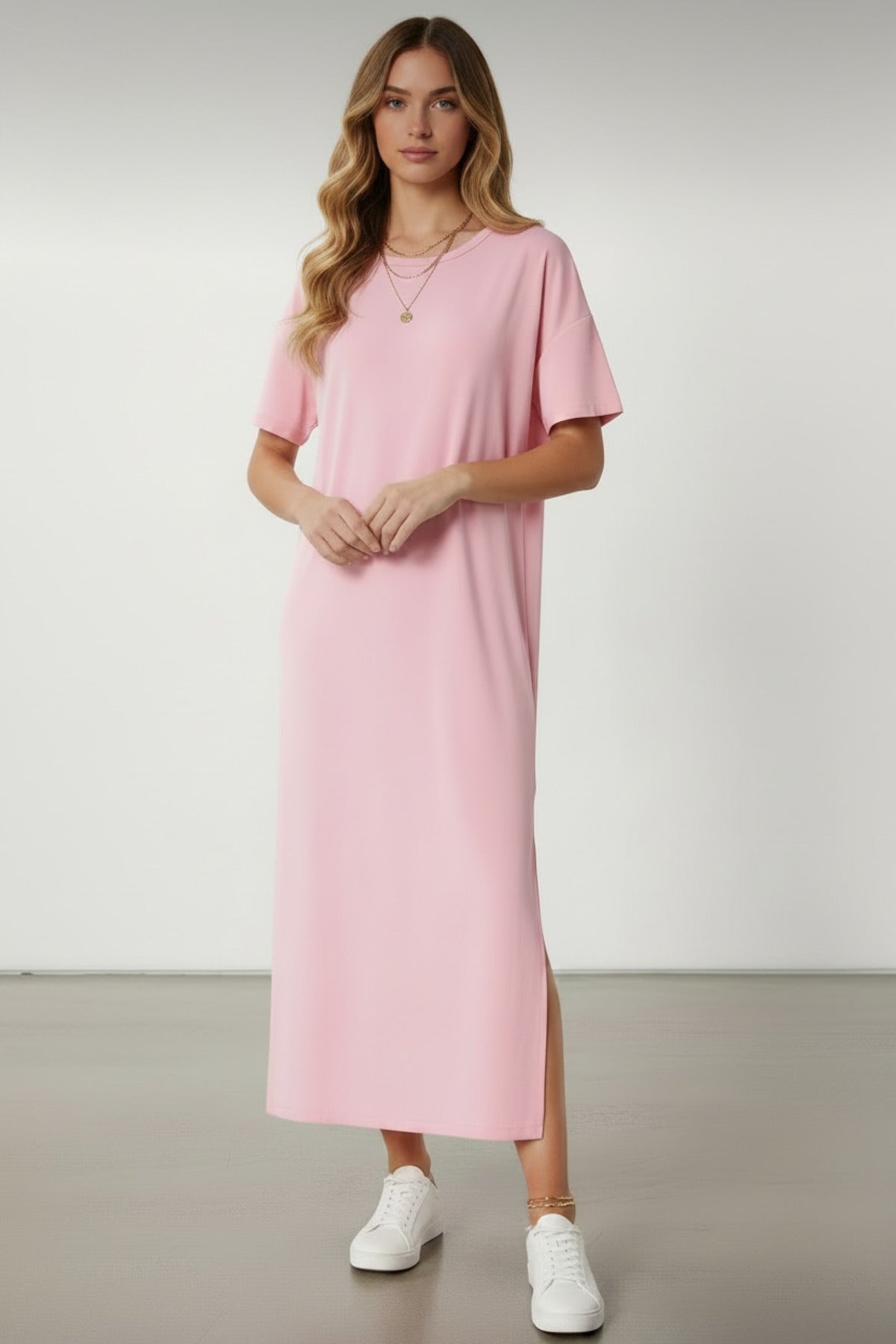 Lucille Women's Half Sleeve Knit Maxi Dress with Slit - Pink