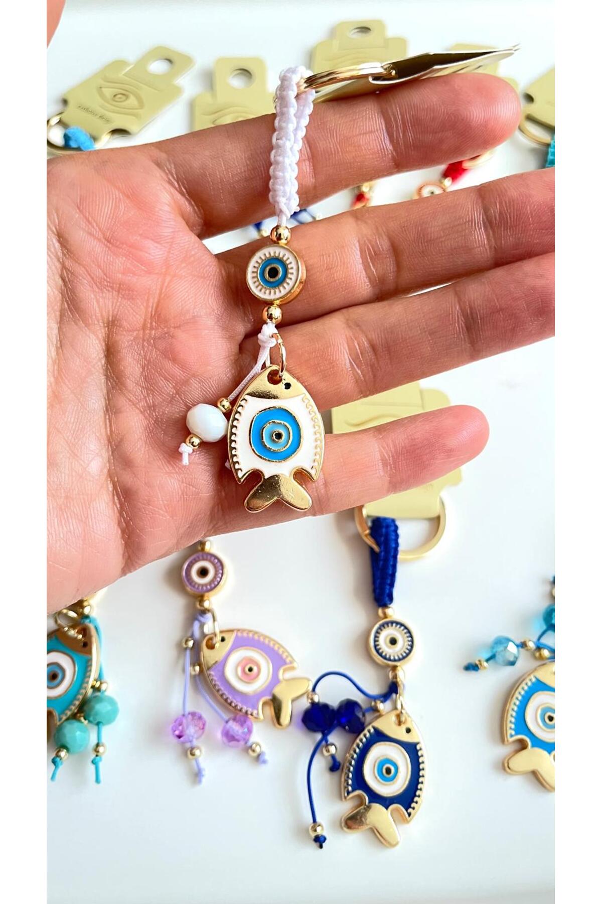 Ivy Gold-Plated Evil Eye Keychain - White Fish Design