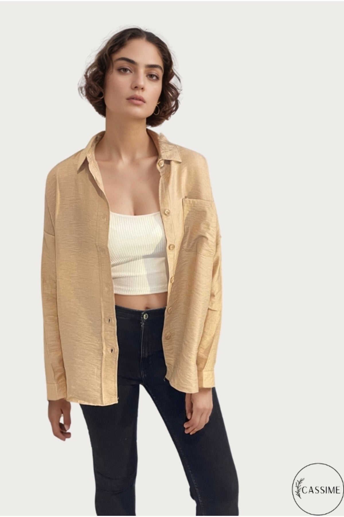 Georgia Women's Oversized Long Sleeve Shirt - Solid Beige