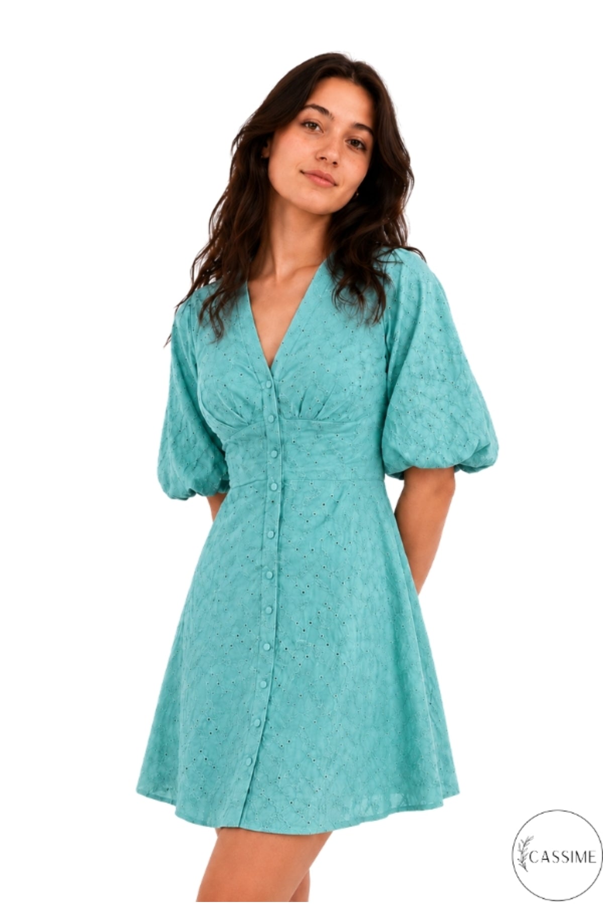 Clara Women's Cotton Blend Broderie Anglaise V-Neck Mini Dress - Almond Green