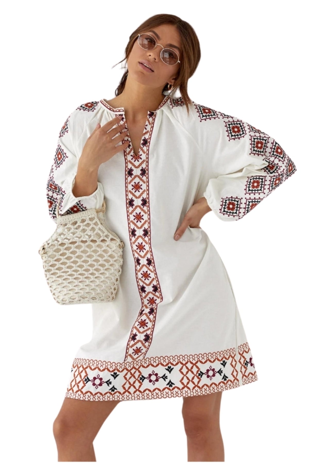 Susannah Women's Boho Embroidered Dress - White